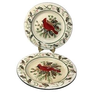 Garden Ridge Pottery Pair Red Cardinal Christmas Holiday Holly Cake Plates